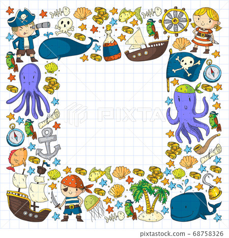 Vector pirate set in cartoon style. Sweet card with pirates, ship, whale, crab, octopus, mermaid, rum, anchor, treasure, fish, island and parrot. 68758326
