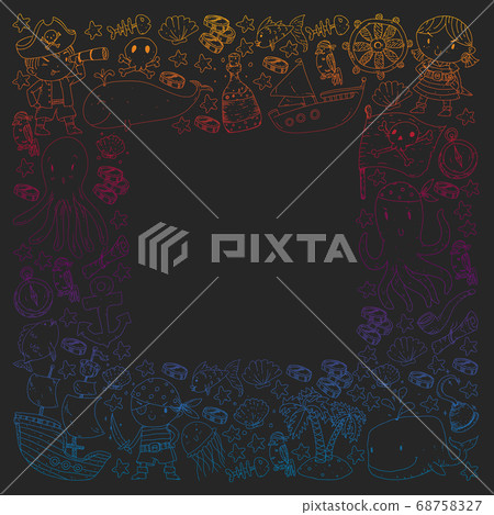 Vector pirate set in cartoon style. Sweet card with pirates, ship, whale, crab, octopus, mermaid, rum, anchor, treasure, fish, island and parrot. 68758327