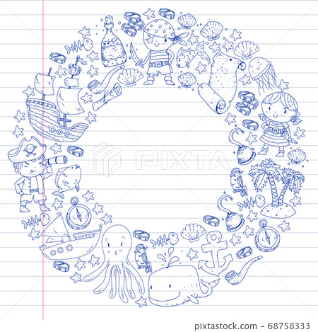Vector pirate set in cartoon style. Sweet card with pirates, ship, whale, crab, octopus, mermaid, rum, anchor, treasure, fish, island and parrot. Vector pirate set in cartoon style. Sweet card with pirates, ship, whale, crab, octopus, mermaid, rum, anchor, treasure, fish, island and parrot. 68758333
