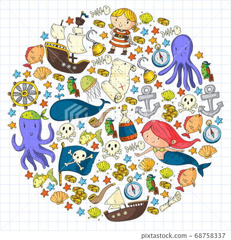 Vector pirate set in cartoon style. Sweet card with pirates, ship, whale, crab, octopus, mermaid, rum, anchor, treasure, fish, island and parrot. Vector pirate set in cartoon style. Sweet card with pirates, ship, whale, crab, octopus, mermaid, rum, anchor, treasure, fish, island and parrot. 68758337