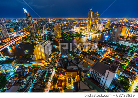Bangkok city with Chao Phraya River at night, 68758639