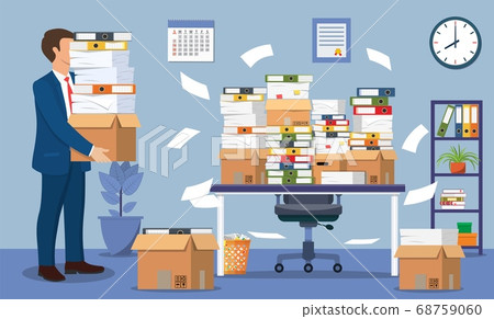 Stressed businessman under pile papers Stressed businessman under pile papers 68759060