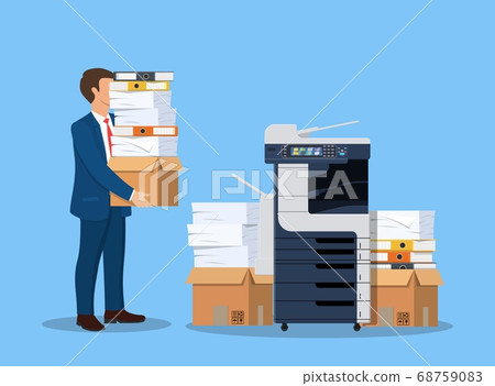 Stressed businessman holds pile documents. 68759083