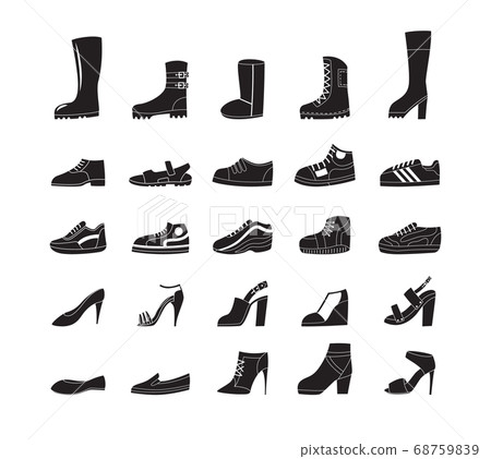 Black shoe icon set. Footwear fashion line from high heels to sport sneakers 68759839