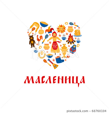 Maslenitsa poster - traditional Russian holiday greeting card in heart shape Maslenitsa poster - traditional Russian holiday greeting card in heart shape 68760104