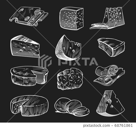 Hand drawn cheese. Chalkboard sketch various types of cheeses maasdam and gouda, mozzarella and parmesan, fresh eco milk products, slices and pieces food engraving style vector isolated set 68761861