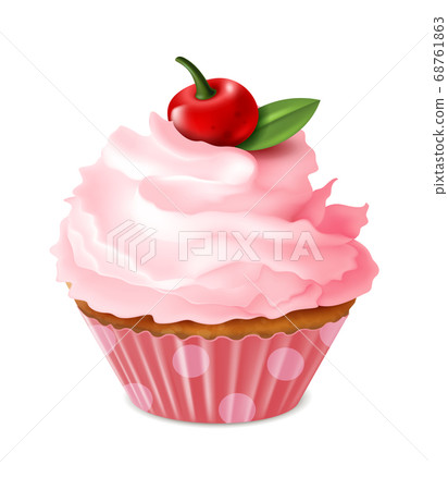 Cupcake. Sweet homemade dessert, cherry muffin with cream, sweet sugar pink cake, single realistic vector isolated element on white background 68761863