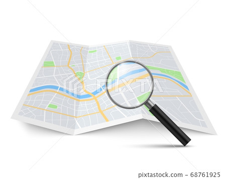 Realistic magnifying glass and map. Magnification zoom street search, searching location on geography brochure find direction in city navigation concept vector 3d isolated illustration Realistic magnifying glass and map. Magnification zoom street search, searching location on geography brochure find direction in city navigation concept vector 3d isolated illustration 68761925