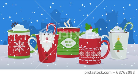 Hot drinks. Winter Christmas mugs background, holiday cocoa coffee chocolate. New year festive decoration vector illustration 68762098