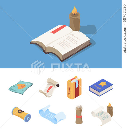 Vintage books isometric. Fantasy magic papers fairytale books for computer game medieval maps vector set Vintage books isometric. Fantasy magic papers fairytale books for computer game medieval maps vector set 68762150
