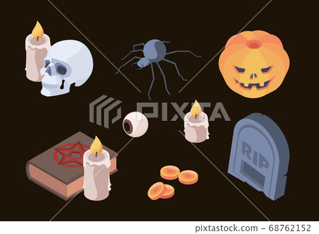 Halloween collection. Horror scary symbols skull bones cemetery tomb ghosts vector isometric set items for autumn celebration 68762152