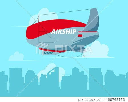 Dirigible in sky. Flying airship in clouds concept travel background illustration 68762153