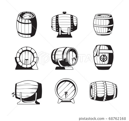 Barrels silhouettes. Wooden barrels symbols for wine or beer business logo design templates vector emblems collection 68762168