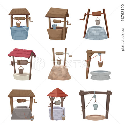 Water well. Antique cartoon country wellness village wooden construction vector illustrations 68762190