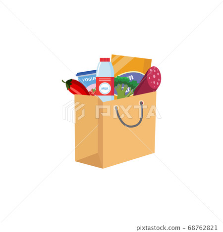 Paper grocery bag with production, flat vector illustration isolated on white. Paper grocery bag with production, flat vector illustration isolated on white. 68762821