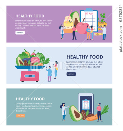 Healthy food and dieting horizontal banners, flat vector illustrations set. Healthy food and dieting horizontal banners, flat vector illustrations set. 68762834