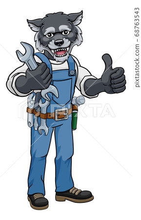 Wolf Plumber Or Mechanic Holding Spanner Wolf Plumber Or Mechanic Holding Spanner 68763543