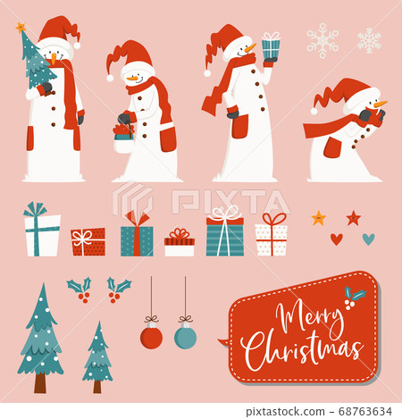 聖誕節材料設置高雪人和禮物,樹,講話泡泡 聖誕節材料設置高雪人和禮物,樹,講話泡泡 68763634