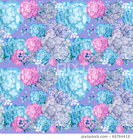 Flower seamless pattern of blue and pink hydrangea and plaster on a purple background 68764418