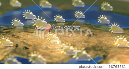 Partly cloudy weather icons near Ankara city on the map, weather forecast related 3D rendering Partly cloudy weather icons near Ankara city on the map, weather forecast related 3D rendering 68765581