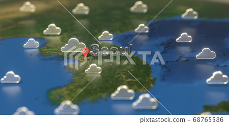 Cloudy weather icons near Seoul city on the map, weather forecast related 3D rendering Cloudy weather icons near Seoul city on the map, weather forecast related 3D rendering 68765586
