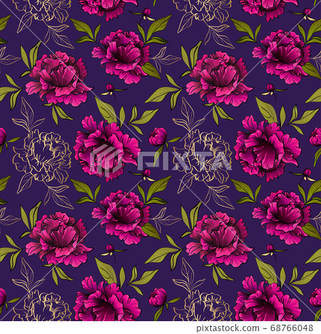 seamless pattern with peony flowers and leaves on violet seamless pattern with peony flowers and leaves on violet 68766048