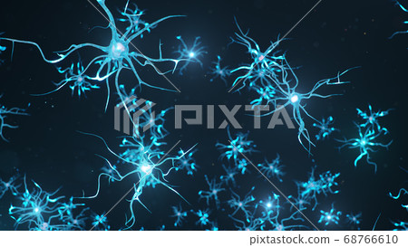 Abstract neural cells. Synapses and neuronal cells send electrical chemical signals. Transmission information. Neuron of Interconnected neurons with electrical pulses, 3d illustration 68766610