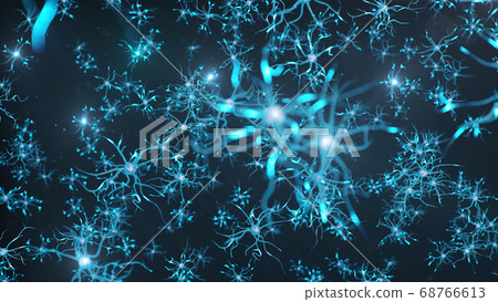 Conceptual illustration of neuron cells send an electrical charge for transmit information. Brain research. Interconnected neurons. Neurons between themselves send electric impulse, 3d illustration Conceptual illustration of neuron cells send an electrical charge for transmit information. Brain research. Interconnected neurons. Neurons between themselves send electric impulse, 3d illustration 68766613