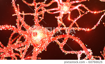 Abstract neural cells with luminous dots. Synapses and neuronal cells send electrical chemical signals. Neuron of interconnected neurons with electrical impulses. Transmit information, 3d illustration Abstract neural cells with luminous dots. Synapses and neuronal cells send electrical chemical signals. Neuron of interconnected neurons with electrical impulses. Transmit information, 3d illustration 68766626