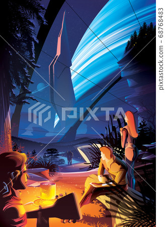 Futuristic campfire on other planet 68768483