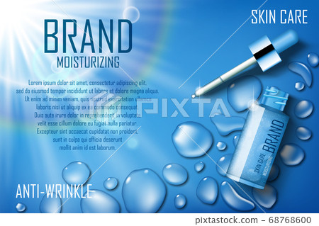 Cosmetic essence contained in a droplet bottle template for design Ads poster, presentation, banner. Serum essence for skin care with bubbles and waterdrop on blue background. 3d vector Cosmetic essence contained in a droplet bottle template for design Ads poster, presentation, banner. Serum essence for skin care with bubbles and waterdrop on blue background. 3d vector 68768600
