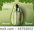Avocado cosmetics oil template ad. Organic product bottle mockup advertising poster template. Realistic essence product with green avocado and tree leaves. 3d vector 68768602
