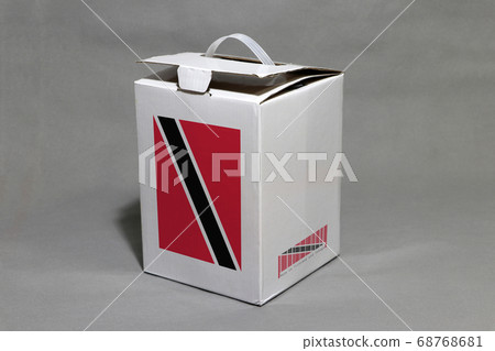 Trinidadian flag on white box with barcode and the color of Trinidad and Tobago flag. 68768681