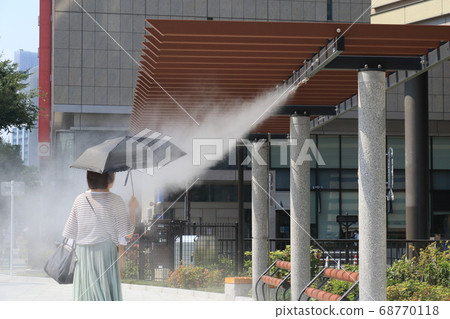 A person who is exposed to dry mist, a hot day, heat stroke prevention, heat stroke countermeasures, one woman 68770118
