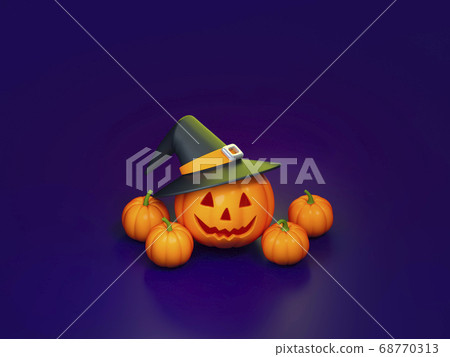 Halloween pumpkin with witch on violet background 3d rendering. 3d illustration cute pumpkin for celebration Halloween event template minimal style concept. 68770313