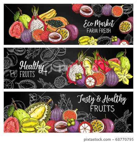Tropical fruits vector chalk sketch banners set Tropical fruits vector chalk sketch banners set 68770795