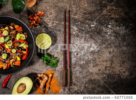 Asian food background with various ingredients on Asian food background with various ingredients on 68771088