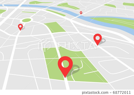 City map with location. Vector town plan with pin for gps route. Cartography backround red navigation pointers 68772011