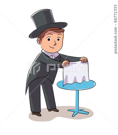 Boy illusionist vector character shows tricks or focus. Little magician performs. Happy childhood, hobby, entertainment, child performance concept. Boy illusionist vector character shows tricks or focus. Little magician performs. Happy childhood, hobby, entertainment, child performance concept. 68772355