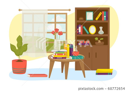 Home room interior with book furniture shelf design vector illustration. House library background, cozy lamp decoration for study. 68772654