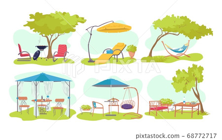 Garden outdoor wood furniture set, vector illustration. Summer home design at nature background, flat umbrella, chair at house backyard. 68772717