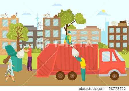 Garbage disposal at street, removal container with waste vector illustration. Worker refuse bin at truck, recycling collector service. Garbage disposal at street, removal container with waste vector illustration. Worker refuse bin at truck, recycling collector service. 68772722