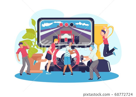Flat play with controller concept, vector illustration. Gaming people at computer background, graphic console gamer design. 68772724