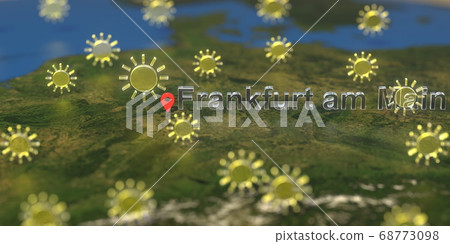 Sunny weather icons near Frankfurt am main city on the map, weather forecast related 3D rendering Sunny weather icons near Frankfurt am main city on the map, weather forecast related 3D rendering 68773098