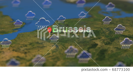Rainy weather icons near Brussels city on the map, weather forecast related 3D rendering 68773100