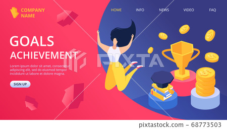 Education, business goal achievement by people work, finance flat concept vector illustration. Happy woman character jump in success 68773503