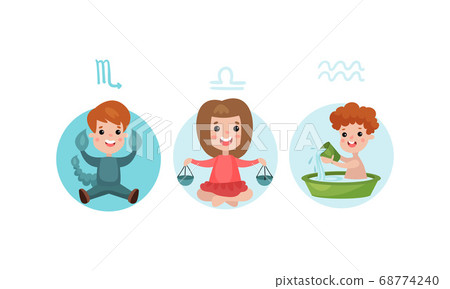 Cute Kid Characters Depicting Zodiac Sign or Astrological Sign Vector Illustration Set Cute Kid Characters Depicting Zodiac Sign or Astrological Sign Vector Illustration Set 68774240