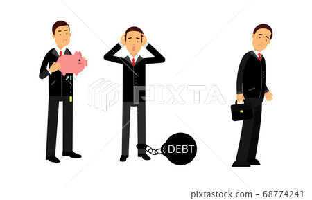 Businessman in Suit Depressed Because of Bad Work Results and Income Failure Vector Illustration Set Businessman in Suit Depressed Because of Bad Work Results and Income Failure Vector Illustration Set 68774241