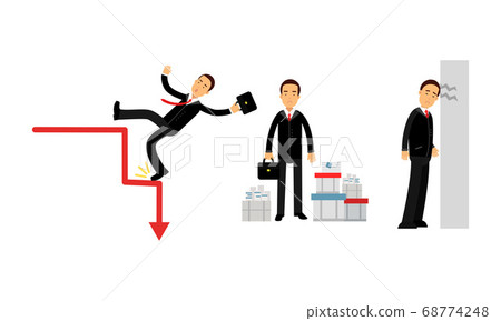 Young Businessman Depressed Because of Economic Downfall and Regression Vector Illustration Set Young Businessman Depressed Because of Economic Downfall and Regression Vector Illustration Set 68774248