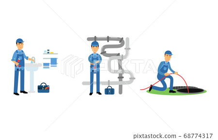 Professional Plumber in Blue Uniform Fixing Sanitary and Pipe Line Vector Illustration Set 68774317